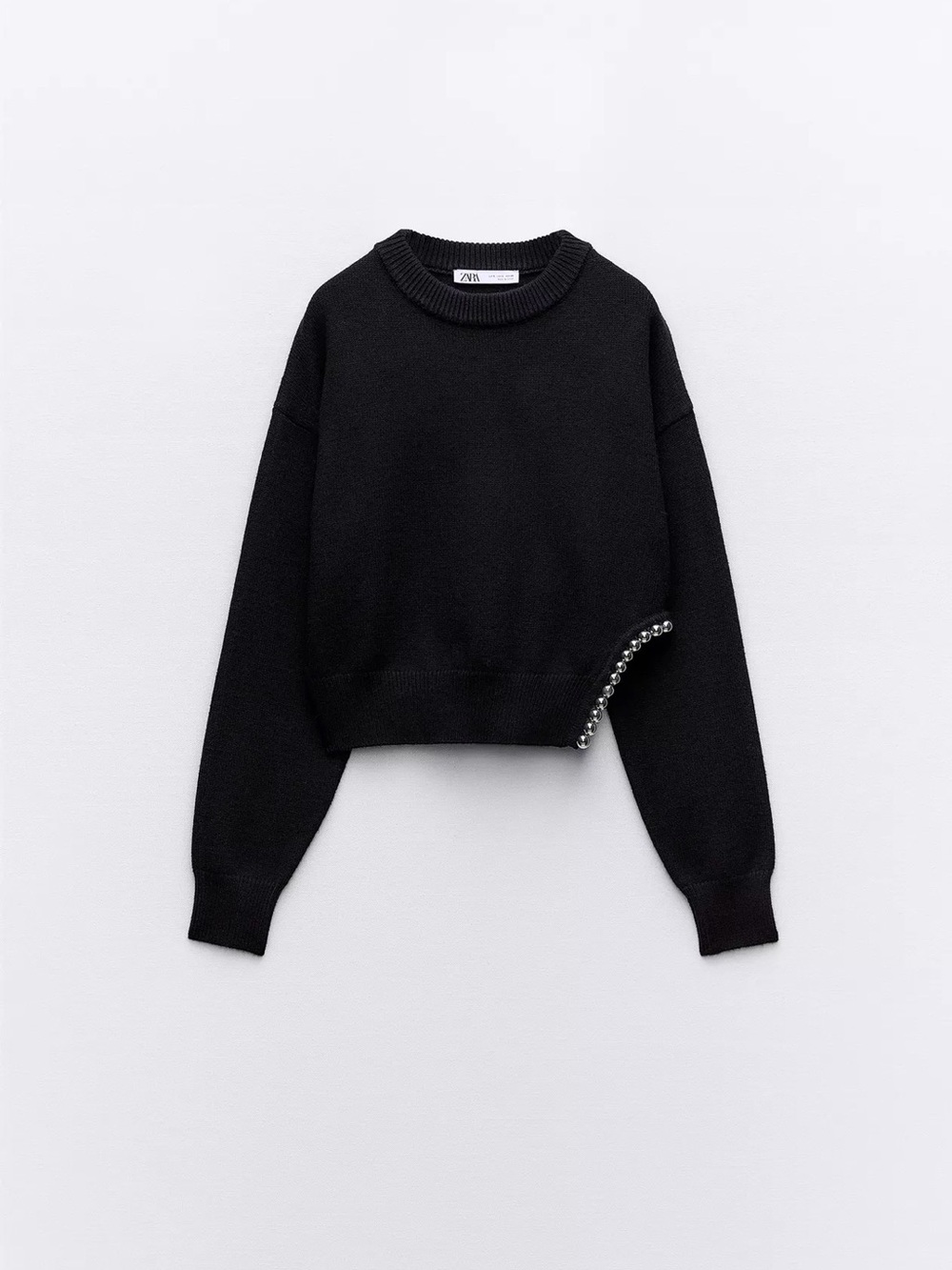Zara Black Cropped Knit Sweater with metal bead-Embellished Hem